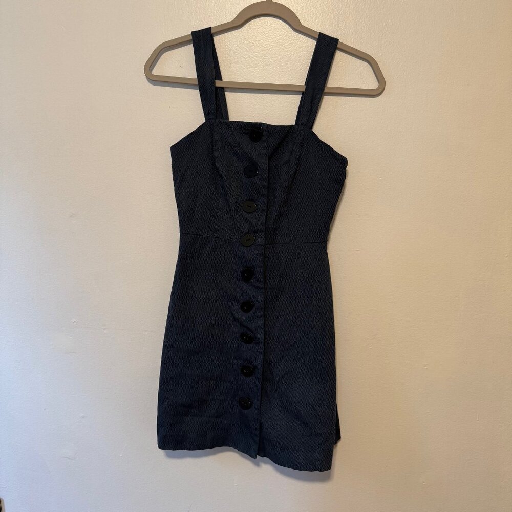 Mango Button Up Square Neck Blue Linen Mini Dress, XS